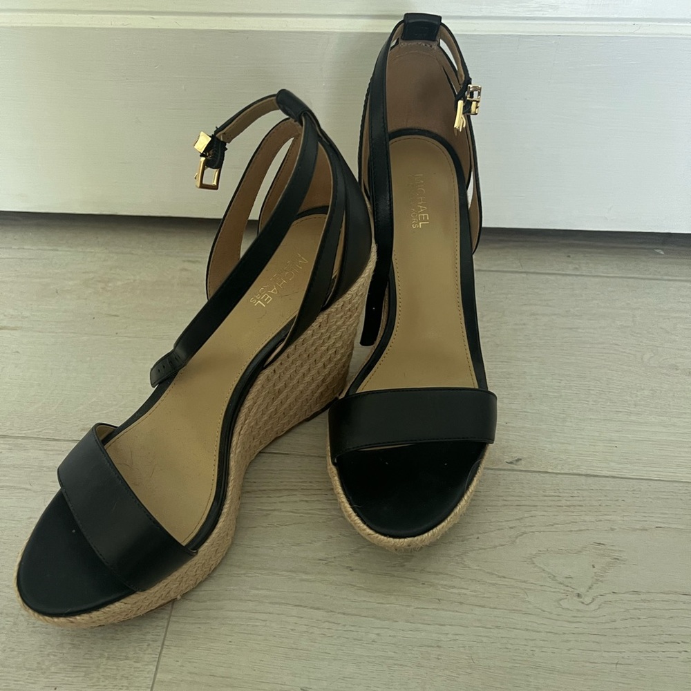 Michael Kors Black and Tan Wedge Sandals